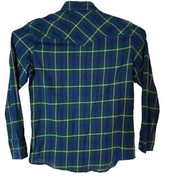 Wrangler Wrancher Pearl Snap Flannel Shirt Size M Green Blue‎ Plaid Long Sleeve - Picture 3 of 5